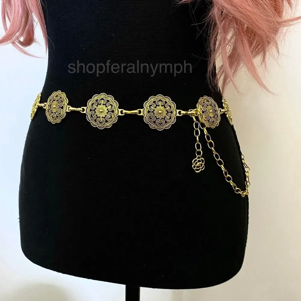 Gold Y2K Floral Mandala Boho Chain Belt, Fits 22.5-41.5 Inches, X7GA1281